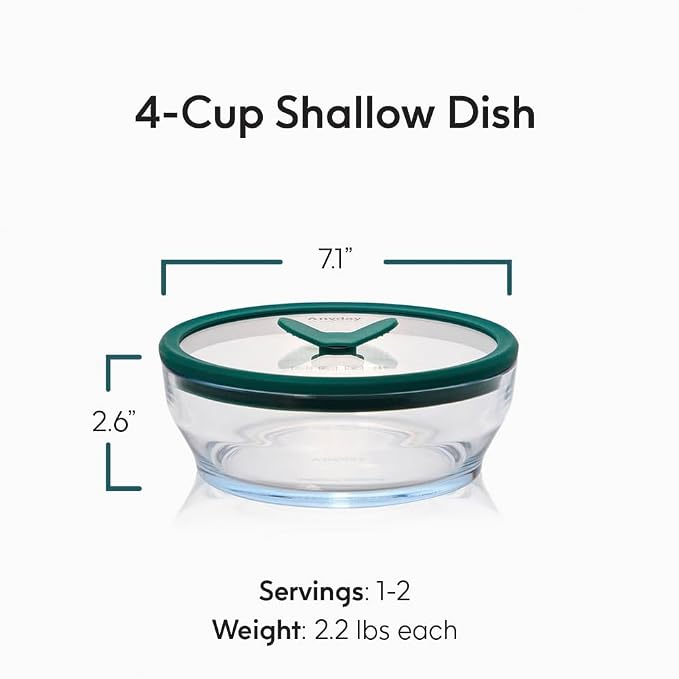 Anyday 2-Pack 4-Cup Shallow Glass Food Storage with Lids (Clear Kale) | Microwave Steamer, Plastic Free Meal Prep, Stackable Airtight Container, Vented Glass Lid for Microwave-Safe Reheating