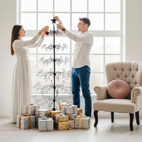 Karl home 6 ft Wrought Iron Christmas Ornament Display Tree, Black
