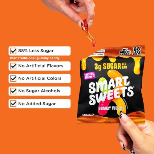 SmartSweets Sweet Halloween Gummy Worms Low Sugar Gummy Candy, Healthy Snacks for Kids and Adults, Treat, 50g bags, Pack of 14
