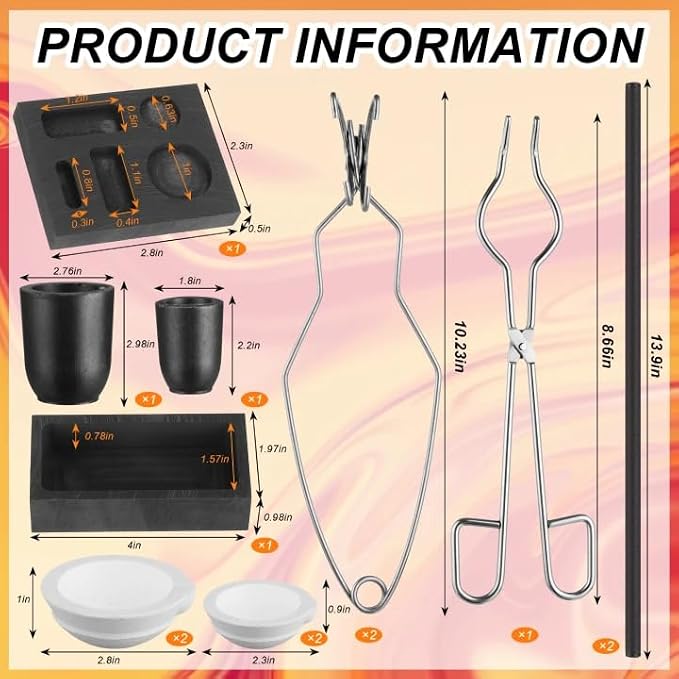 13Pcs Graphite Torch Melting Casting Kit, 5-in-1 Ingot Mold Crucibles Tongs | Quartz Dish Cups Stir Rods Set for Gold Silver DIY Jewelry Metalsmithing