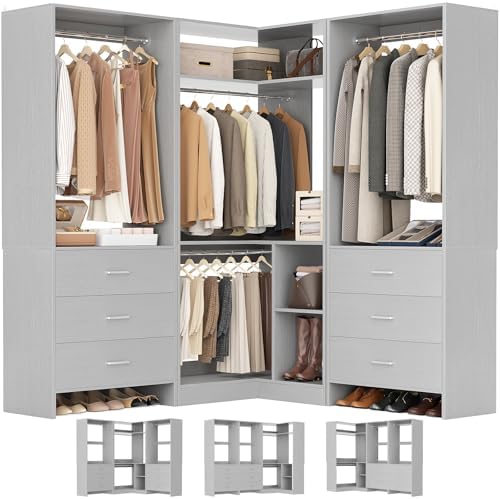 Aheaplus Closet System with 6 Drawers, 4 Hanging Rods & Corner Tower, Corner Closet System with Hanging,80.9" L-Shaped Walk-In Wardrobe Organizer, 2000+ lbs Capacity, Set of 3, Grey