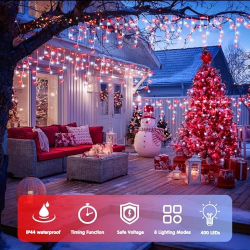 JMEXSUSS 400 LED 38.8 Ft Red and White Icicle Christmas Lights for Outside