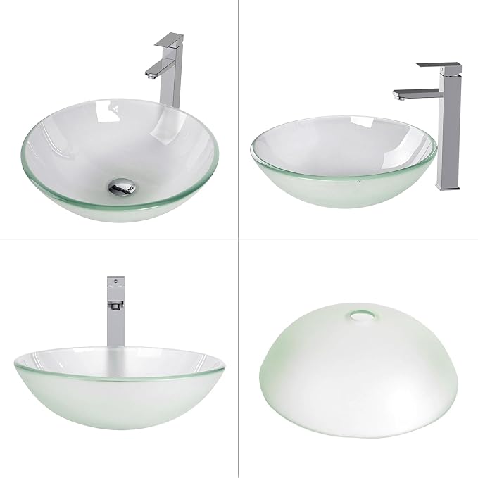 Bathroom Vessel Sink, Tempered Glass Vanity Round Bowl, Frosted | Chrome Faucet, Pop Up Drain, Above Counter, Easy Clean