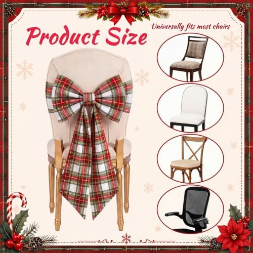Thiccywoov 4 Pcs Christmas Chair Bows Decorations 25 x 14 in, White Tartan