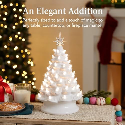 Best Choice Products 15in Ceramic Christmas Tree, Pre-lit Hand-Painted Tabletop Holiday Tree, 2 Star Toppers, 64 Lights - White w/Warm White Bulbs