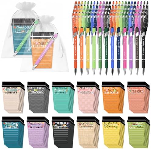 96 Set Employee Appreciation Gifts Bulk Team - 96Pack Coffee Cup Notepad+96 Ballpoint Pens+ 96 Drawstring Gift Bags, Bulk Gifts for Coworkers/Staffs/Teachers/Christmas