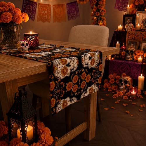Dia De Los Muertos Decorations - Mexican Sugar Skull Table Runner