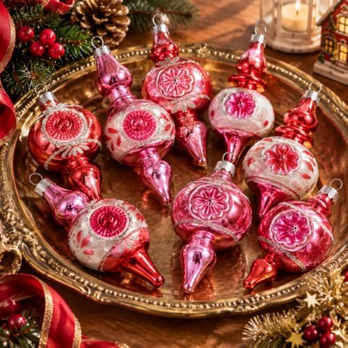 Soulchen 8 Pcs Vintage Glass Christmas Ornaments Pink Reflector for Tree