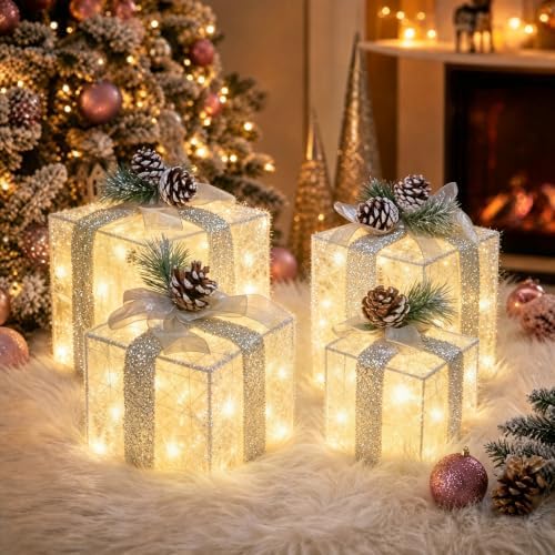 Set of 4 Christmas Lighted Gift Boxes, Battery Operated Xmas Decor