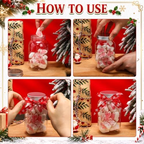 FillTouch 32 Set Christmas Mason Jars 12oz Plastic Jars with Lids Ribbons