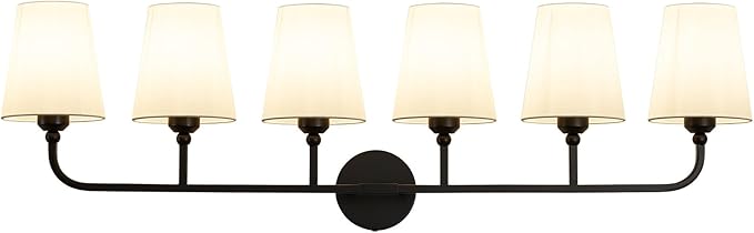 Bathroom Vanity Light, Matte Black Bathroom Light Fixtures, 6-Light Lighting Fixtures Over Mirror, Modern Wall Sconce with Flared White Fabric Shade, E26 Socket(ETL Listed)