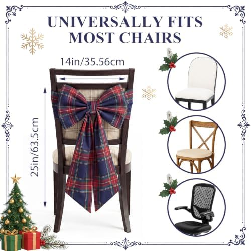 Thiccywoov 4 Pcs Christmas Chair Bows Decorations 25 x 14 in, Blue Tartan