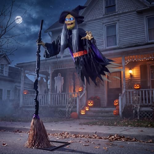 JOYIN Halloween Flying Witch Decor, Sound Activated Life-Size Halloween Decorations Outdoor Flying Witch with Broom, Glowing LED Eyes, Scary Haunted House Props for Garden Yard Lawn