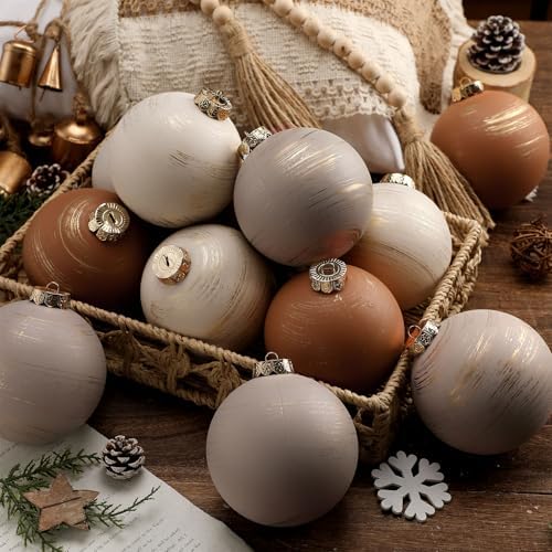 Yunlly 12 Pcs Neutral Christmas Ornament, Brown Ivory Beige, 4''