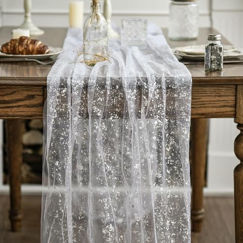 Artoid Mode 2-Pack White Silver Gauze Table Runner 10FT, Glitter Metallic Foil Sheer Dining Holiday Wedding Anniversary Birthday Table Decor for Home Party