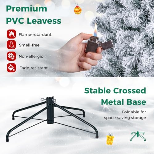 Happygrill 7.5FT Christmas Tree, Premium PVC Needles, 1010 Branch Tips, Pre-Lit Flocked Snow Hinged Pine Tree with Solid Metal Stand, 450 LED Lights, Ideal for Holiday Decoration, White