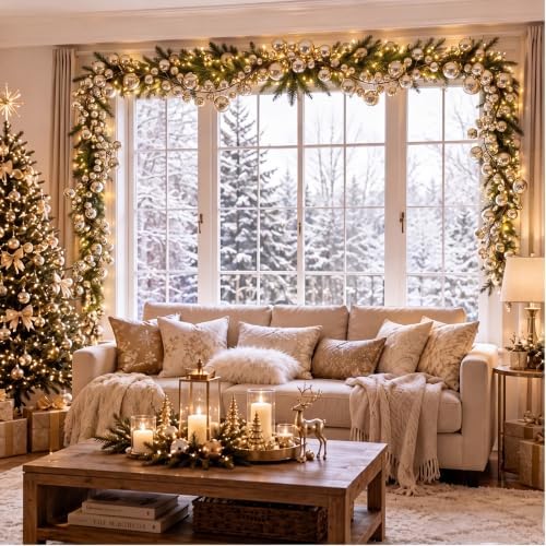 2 Pcs 6 ft Christmas Ball Ornament Garland, Glossy Champagne Gold