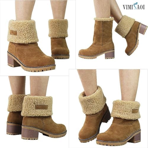 VIMISAOI Mid calf Winter Boots for Women Warm Ankle Snow Chunky Heel Boots