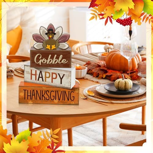 Lineshading 4 Pcs Thanksgiving Table Decoration, Turkey Wooden Block Signs