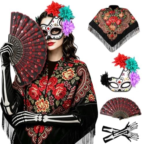 4-Pc Day of the Dead Costume, Mexican Shawl, Sugar Skull Mask, Fan & Gloves