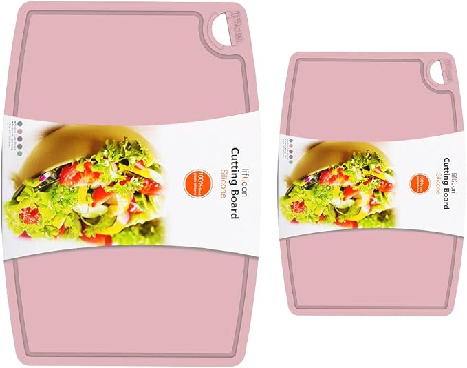 Thick Silicone Cutting Boards for Kitchen Silicone Chopping Boards/Mats Set of 2 Extra Large14.6''x10.43'', Mini 9.1”x7.1” Non-slip Deep Drip Juice Groove, Dishwasher Safe-Soft Pink