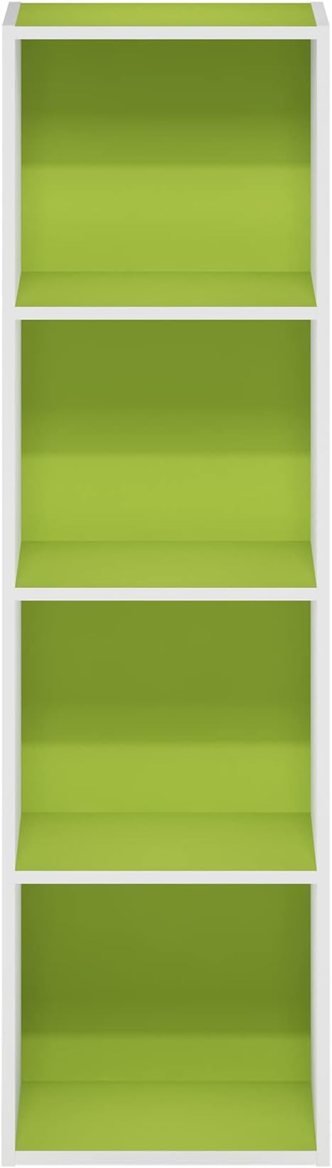 Furinno PASIR Book Shelf, 4-Tier Modern Bookshelf, Open Shelves Bookcase 9 x 12 x 42, Easy Assembly, for Living Room, Bedroom, Home Office, Green/White