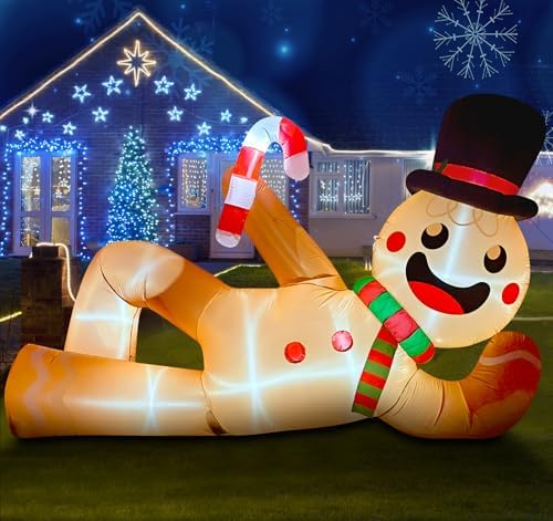 EAONE 10FT Christmas Inflatable Outdoor Decoration, Giant Christmas Blow Ups Yard Decorations Inflatable Gingerbread Man Lying Flat with Built-in LED Lights for Garden, Lawn, Home Xmas Holiday Decor