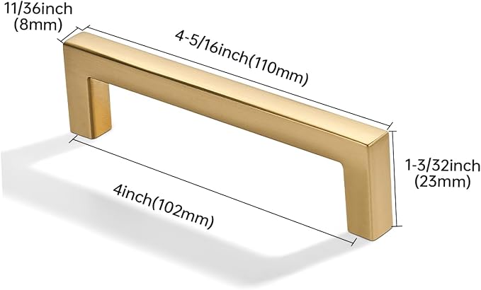 khtumeware 2 Pack 4 inch(102mm) Hole Center Brushed Brass Cabinet Pulls Solid Heavy-Duty Square Satin Brass Cabinet Handles Drawer Pulls Kitchen Cabinet Hardware Kitchen Handle
