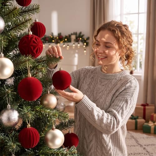 Civaner 52 Pcs Velvet Christmas Ball Ornaments Flocked Christmas Tree Hanging Ornaments 3 Assorted Size Shatterproof Xmas Ball Decorations Set for Xmas Holiday Winter Party Decor(Multicolor)