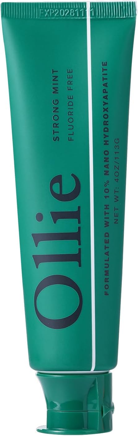 Ollie Fluoride Free 10% Nano Hydroxyapatite Toothpaste, Strong Mint, 4oz | Rod-Shaped Nano HAP, Remineralizes Enamel, Reduces Sensitivity, Reverses Small Cavities, Naturally Whitens Teeth, (Pack of 1)