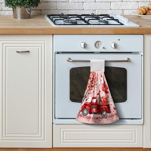 Valentine Hanging Kitchen Towels Red Truck Gnome Love Heart Tree Hand Towel with Hanging Loop Sweet Romantic Dish Tie Towels Bath Towel for Anniversary Wedding Home Decor Set of 2