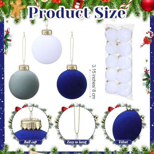 Gemscream 30 Pcs Velvet Christmas Balls, 3.15" Flocked Blue Ornaments, Blue