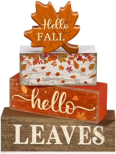 Moucuny 4 Pcs Fall Table Decorations for Home, Maple Leaf Wooden Sign Set