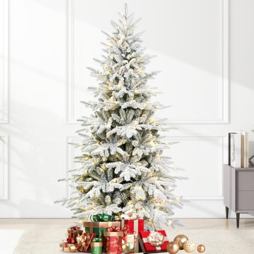 YUNKE 8FT Prelit Flocked Christmas Tree with Fluffy Tips & 9 Lighting Modes