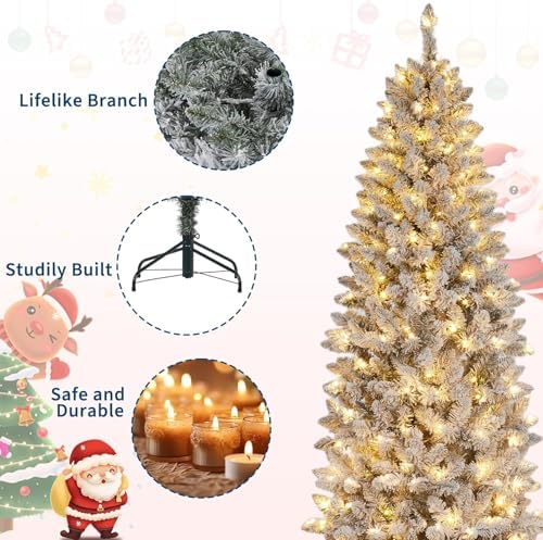 GarveeHome 7.5 ft Pencil Christmas Tree, Pre-Lit Frosted Artificial Tree, Skinny Xmas Trees Holiday Decoration, with LED Light and Metal Base