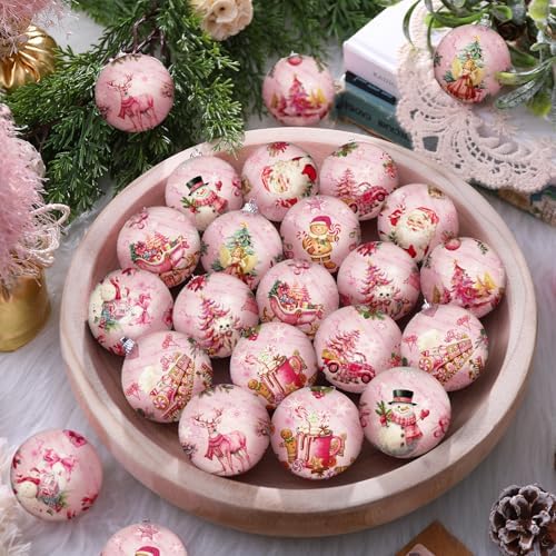Outus 24 Pcs Christmas Tree Ornaments Ball Vintage Pink Christmas Decorations for Tree Vintage Style Santa Claus Snowman Hanging Ornaments Farmhouse Home Fireplace Decoration Holiday Party Favors