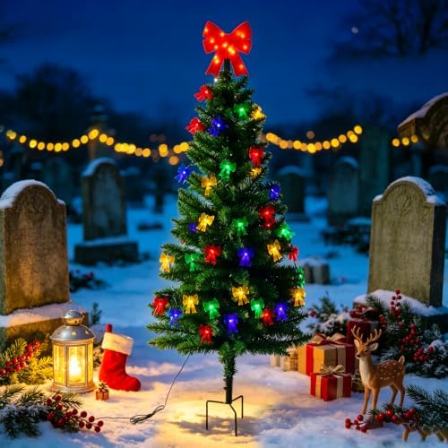 4FT Solar Christmas Tree with Bow Lights for Outdoor Christmas Decorations