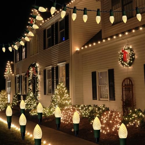 Huacenmy Solar Christmas Pathway Lights Outdoor, 20 LED C9 With 20 Stakes, 23FT Decorations Strawberry String for Roof Yard Patio Walkway Driveway, Warm White