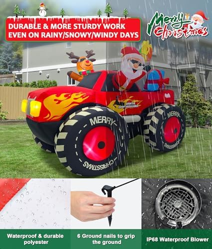 EAONE 7FT Christmas Inflatable Outdoor Decoration, Inflatable Santa Claus & Reindeer on Monster Truck, Blow Up Yard Decorations LED Lighted for Yard, Garden, Lawn, Home Xmas Holiday Decor