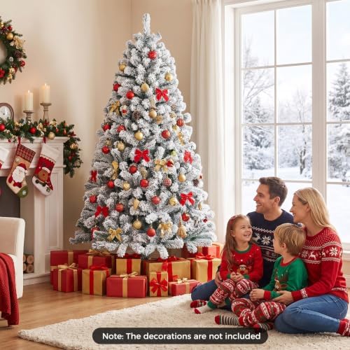 HAPPYGRILL 6 Feet Flocked Christmas Tree Artificial Xmas Tree with 600 PVC Branch Tips, Hinged Xmas Tree Life-Like Seasonal Holiday Tree for Home Office