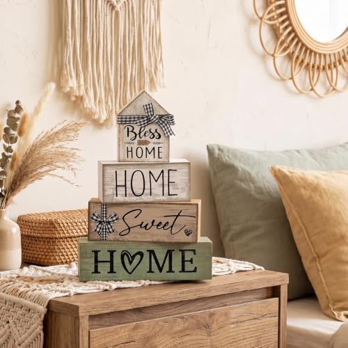 Moucuny 4 Pcs Wooden Farmhouse Table Decor Rustic Home Sweet Home Stacked Blocks Decoration Farmhouse Tiered Tray Decor Decorative Eucalyptus Block Signs Bless Gift for Kitchen Shelf Coffee Table
