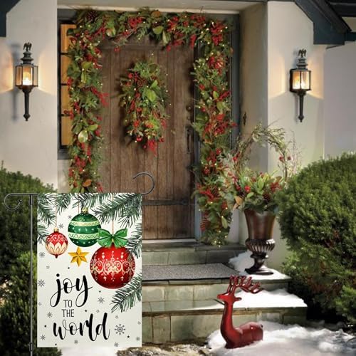 Christmas Garden Flag 12x18 Inch Joy To The World Winter Outdoor Yard Flag Double Sided Small Burlap Family Xmas Balls Holiday Yard Outside Decorative Flag (Beige)