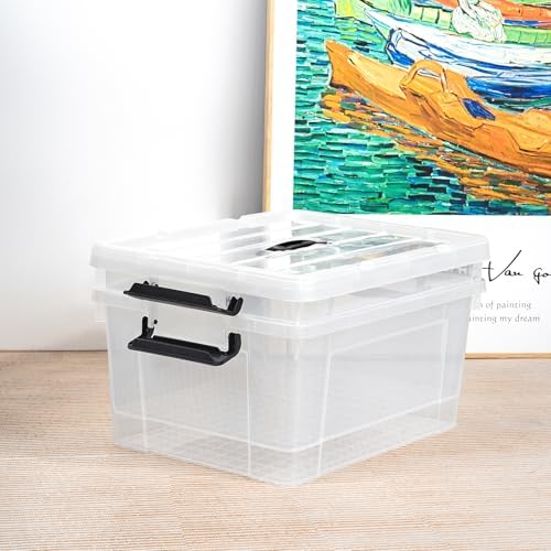 Cetomo Lidded Storage Bin with Handle, Storage Bins with Lid, Organizing Container with Secure Latching Buckles, Stackable and Nestable, Plastic, 40 Quart-6 Pack, Clear