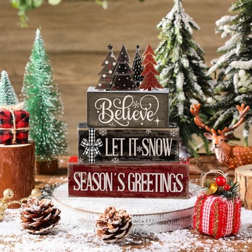 Moucuny 4 Pcs Christmas Decor Wooden Block Signs for Tiered Tray Table