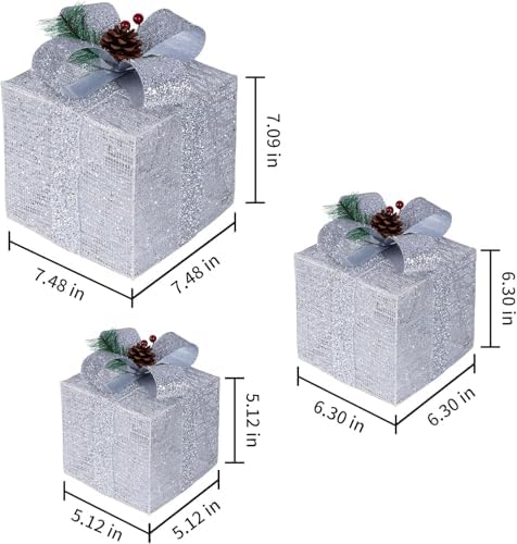 Set of 3 Silver Lighted Boxes, White Indoor Christmas Decor