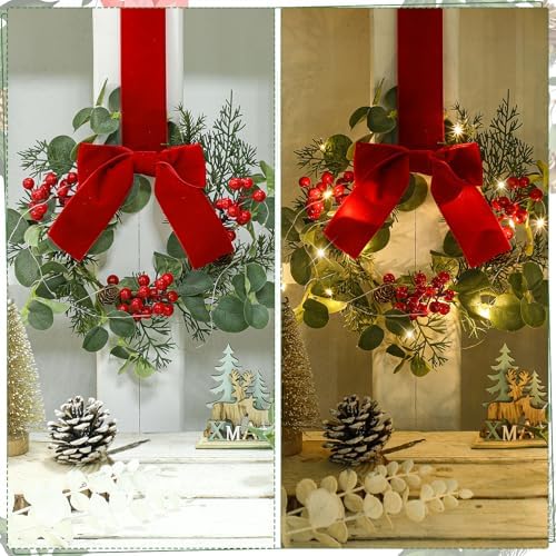 Syhood 2 Pcs 9 Inch Lighted Mini Christmas Eucalyptus Wreaths