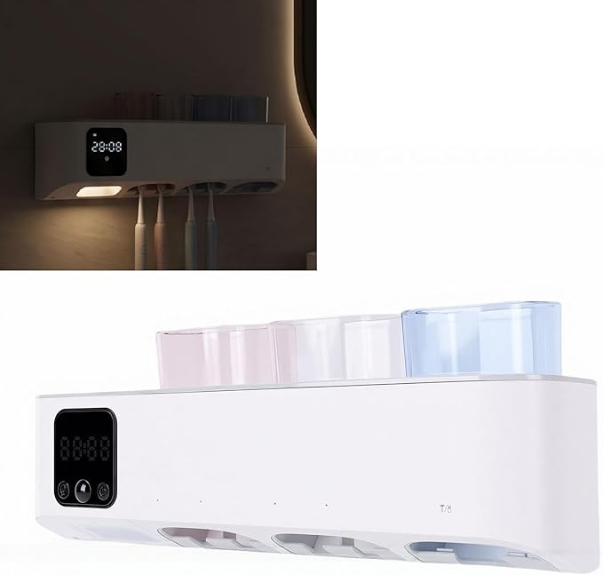 VBESTLIFE Electric Toothbrush Clean Holder, Wall Mounted with 5 Slots LED Display Rechargeable UVC Sanitizer and Dryer, for Bathroom Mirror Tile