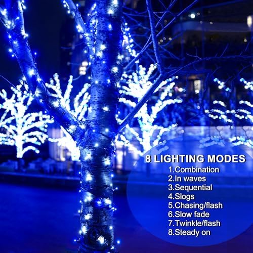 Wellisnow 164ft 500 LED Blue White Christmas Lights, 8 Lighting Modes Waterproof Christmas Lights Outdoor Plug in for Christmas Tree Yard Wedding Decorations(164FT,Blue&White)