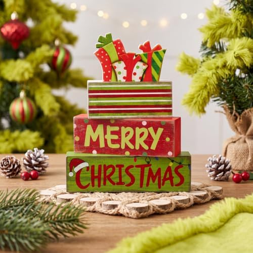 Lineshading 4 Pcs Christmas Table Decor - Red Lime Green Gift Box Wood Sign