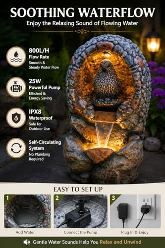 EROMMY Water Fountain for Outdoor with LED Lights, 31.9" Tall Bird Nest Waterfall Fountain, Resin Garden Fountain with 25W Pump, Freestanding Water Feature for Patio, Backyard, Porch & Lawn